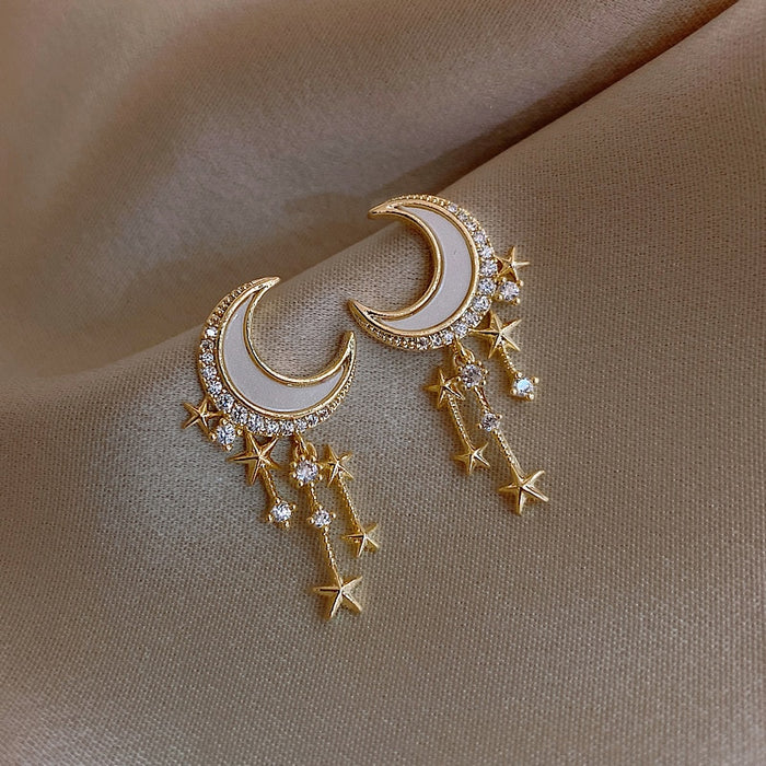 New Trendy Moon Dangle Earrings For Women Temperament Pearl Cherry Cat Rhinestone Pendant Earring Girl Party Jewelry Gift - Allofbeauty